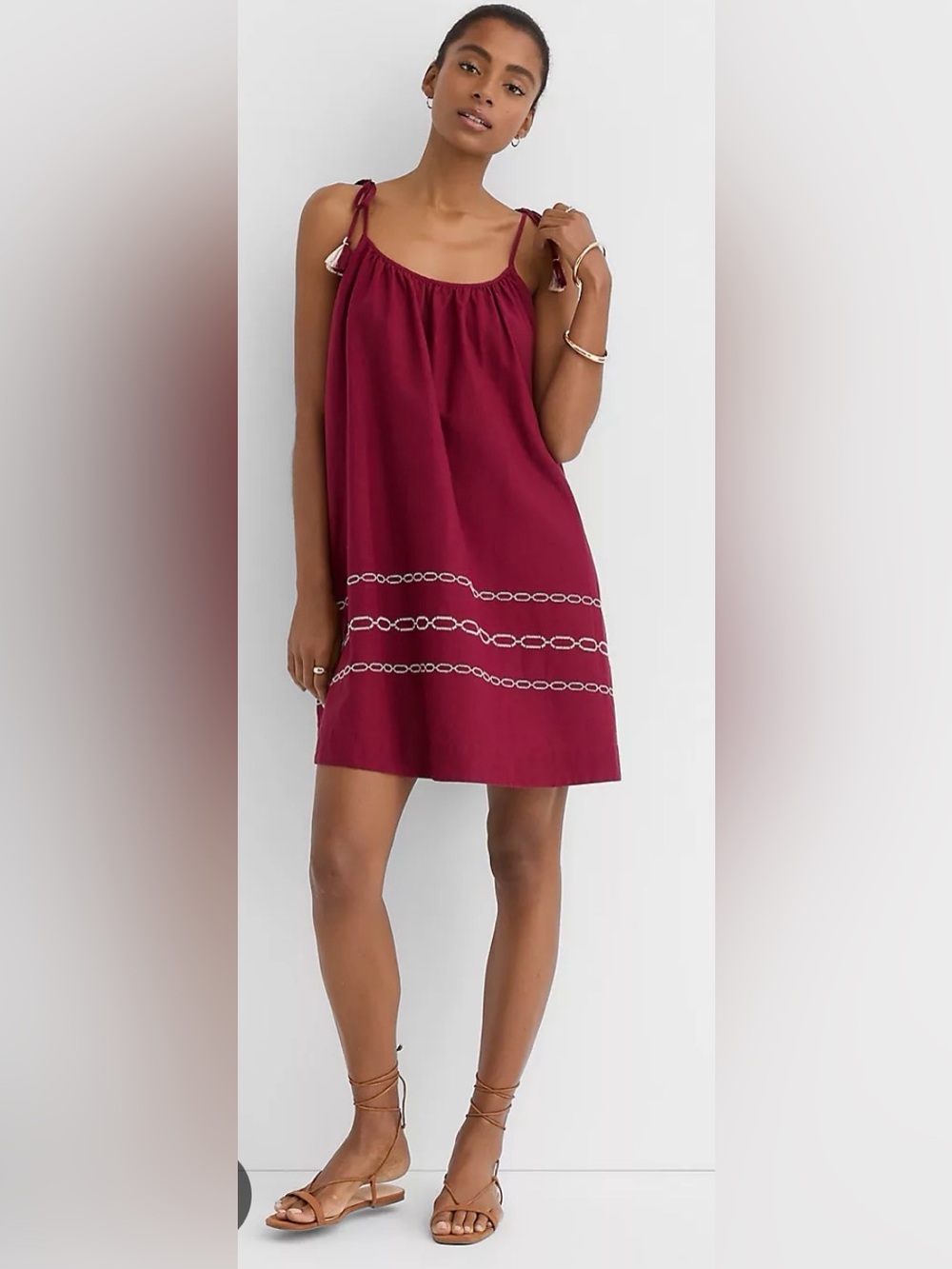 LOFT Beach Shift Dress Womens XS Red NEW Linen Cotton Tie Strap Tassel Boho